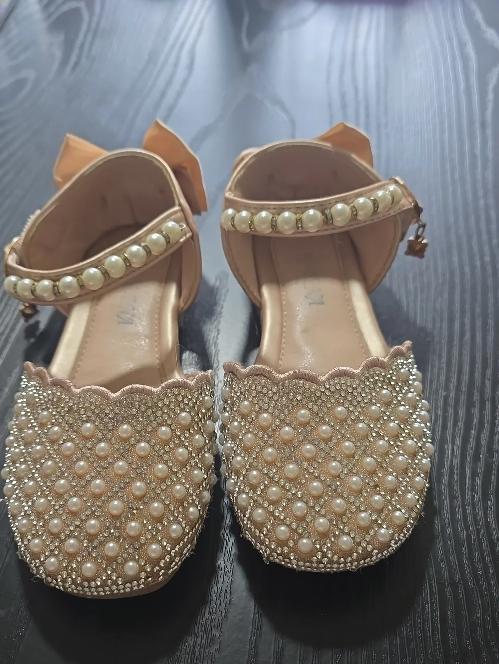 Pearl-Embellished Girls Ankle-Strap Flats - Blush